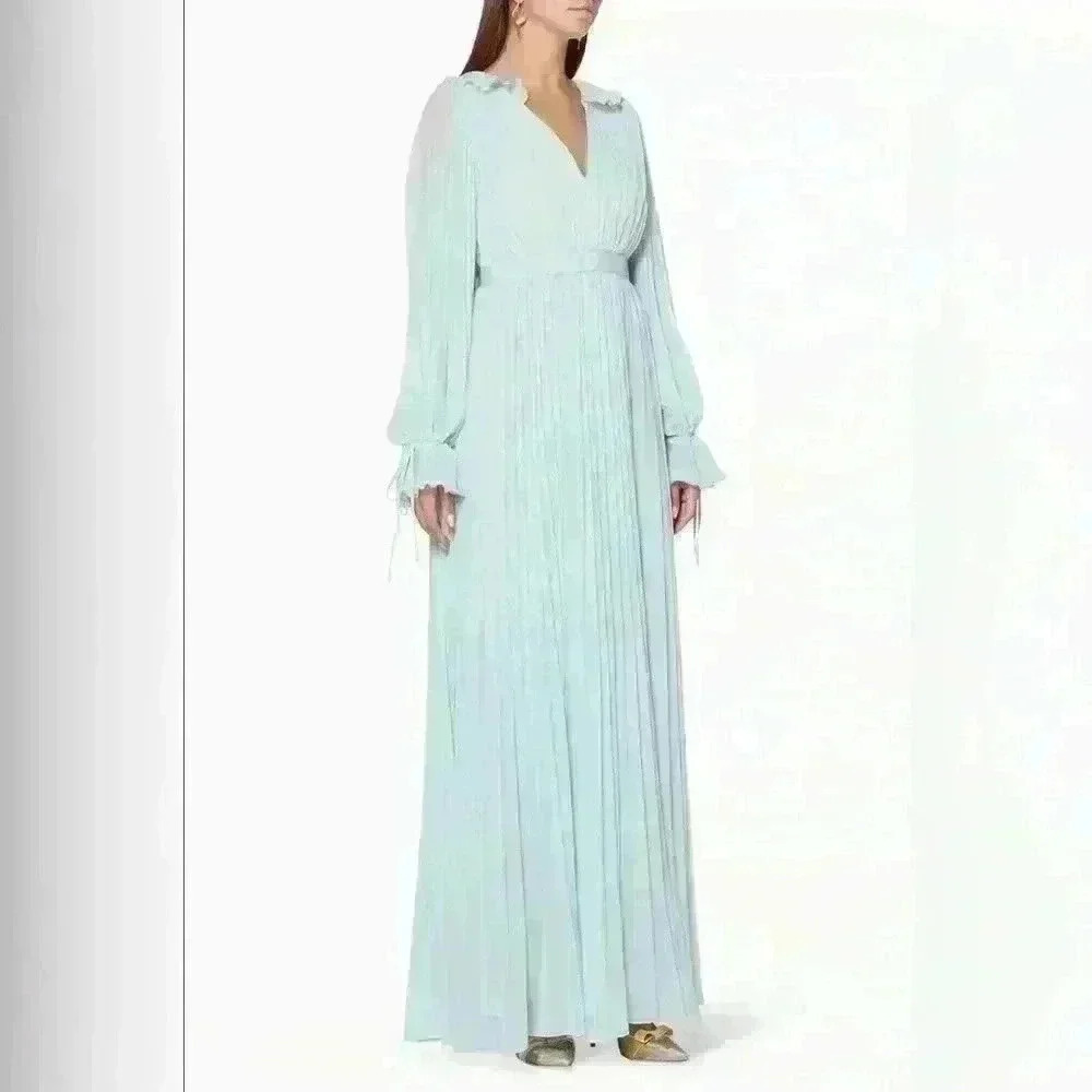 Self Portrait Blue Pleated Goddess Dress Gown Size Medium